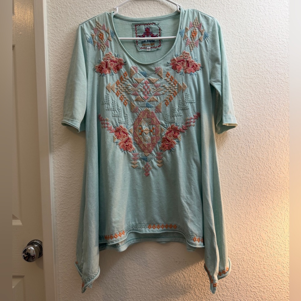 Embroidered Aqua Floral Scoop-JW Los Angeles